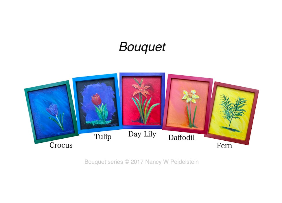 "Bouquet" series of flower paintings.  Each of five 10" x 8" acrylic  paintings is framed in in a different  color.  Contact artist for more information and availability.