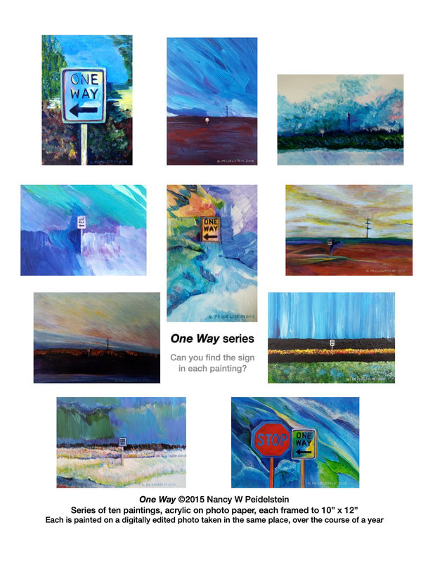 One Way series of ten different images in acrylic paintings of a rural scene, some highly abstracted, each  containing a "one way" sign and framed to 10" x 12" - contact artist for more information and availability.