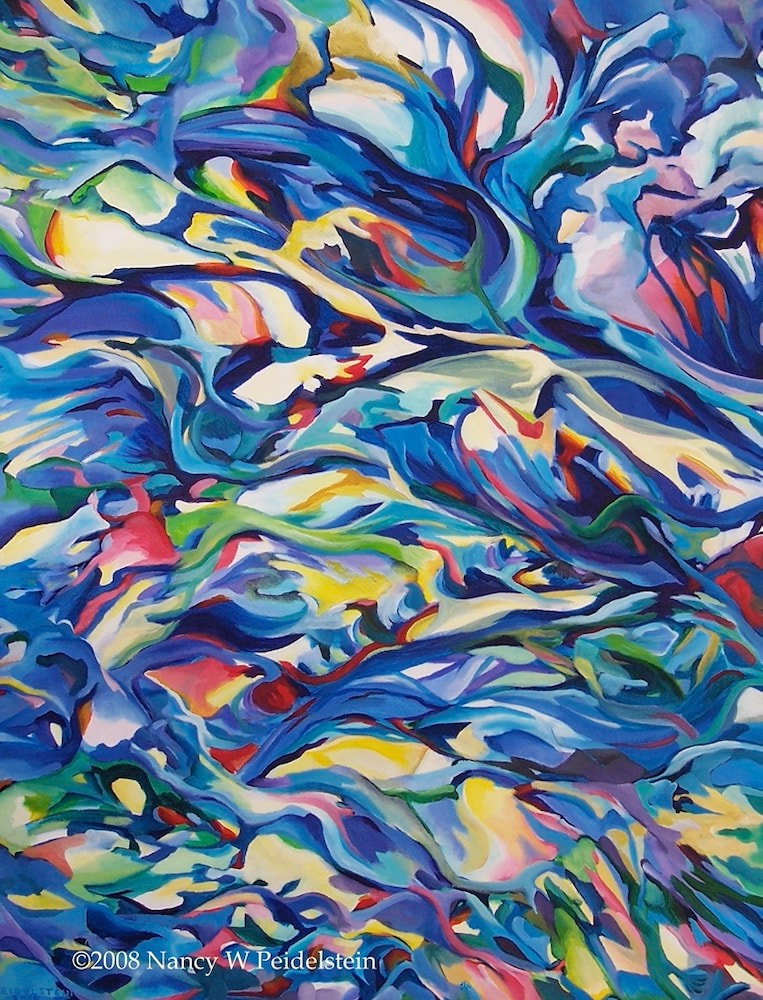 Image of multicolored abstract painting.  Title:  "Breakthrough" acrylic 30" x 24" (contact for availability)
