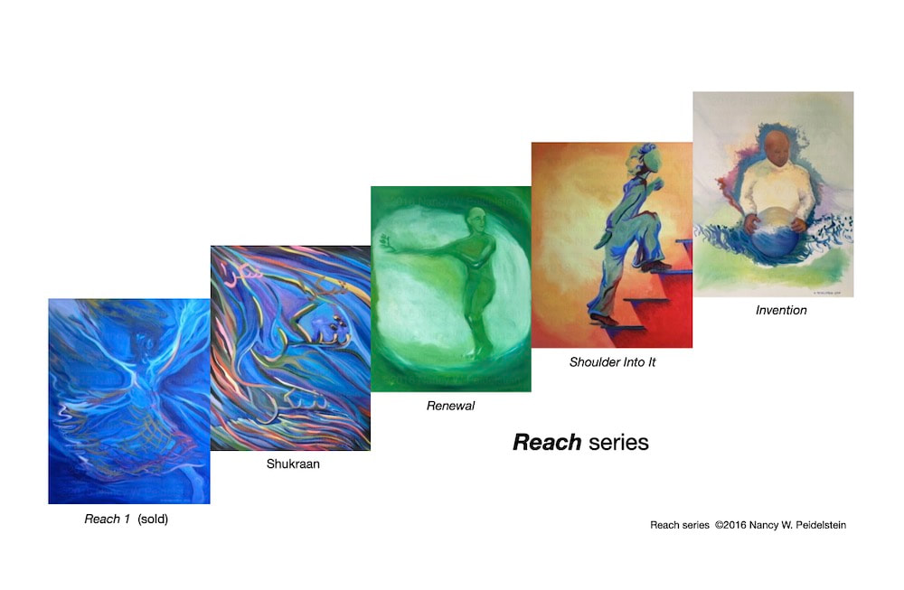 "Reach" series - each oil painting depicting a different form of endeavor is 30" x 24" .  Contact artist for more information and availability.
