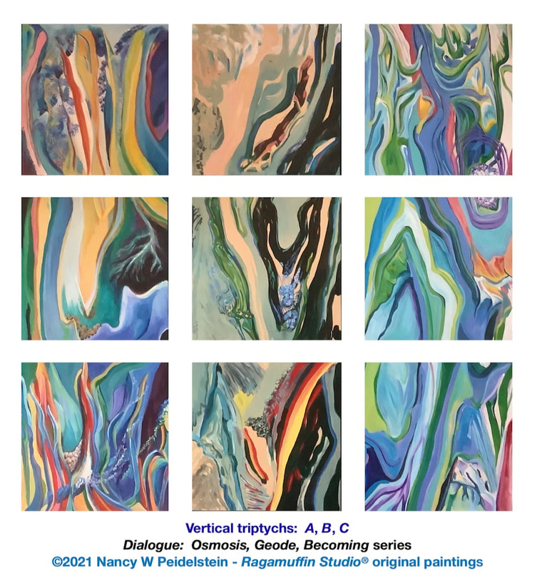 Vertical Triptychs ABC - Dialogue - Osmosis, Geode, Becoming series - series of nine 12" x 12" multi-colored abstract acrylic on wood paintings  - contact artist for more information and availability.